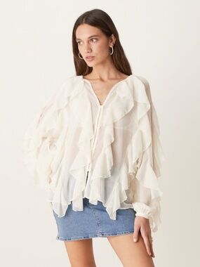 Glamorous boho sheer ruffle frill blouse in white